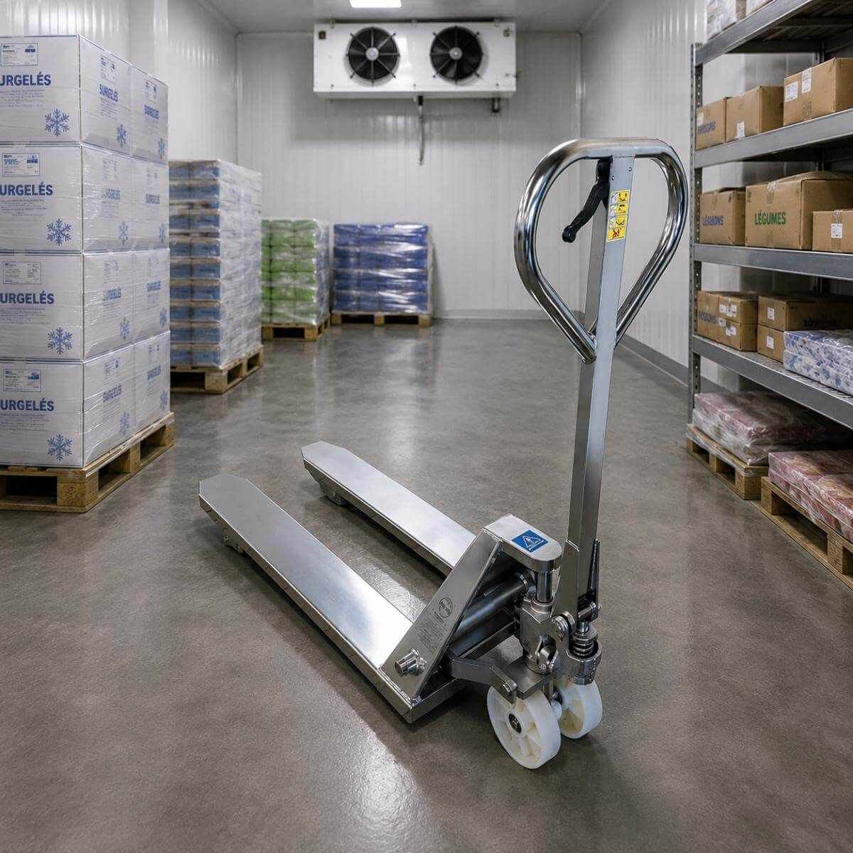 Pompe hydraulique monobloc inox et chassis mecanosoude du transpalette manuel Stockman