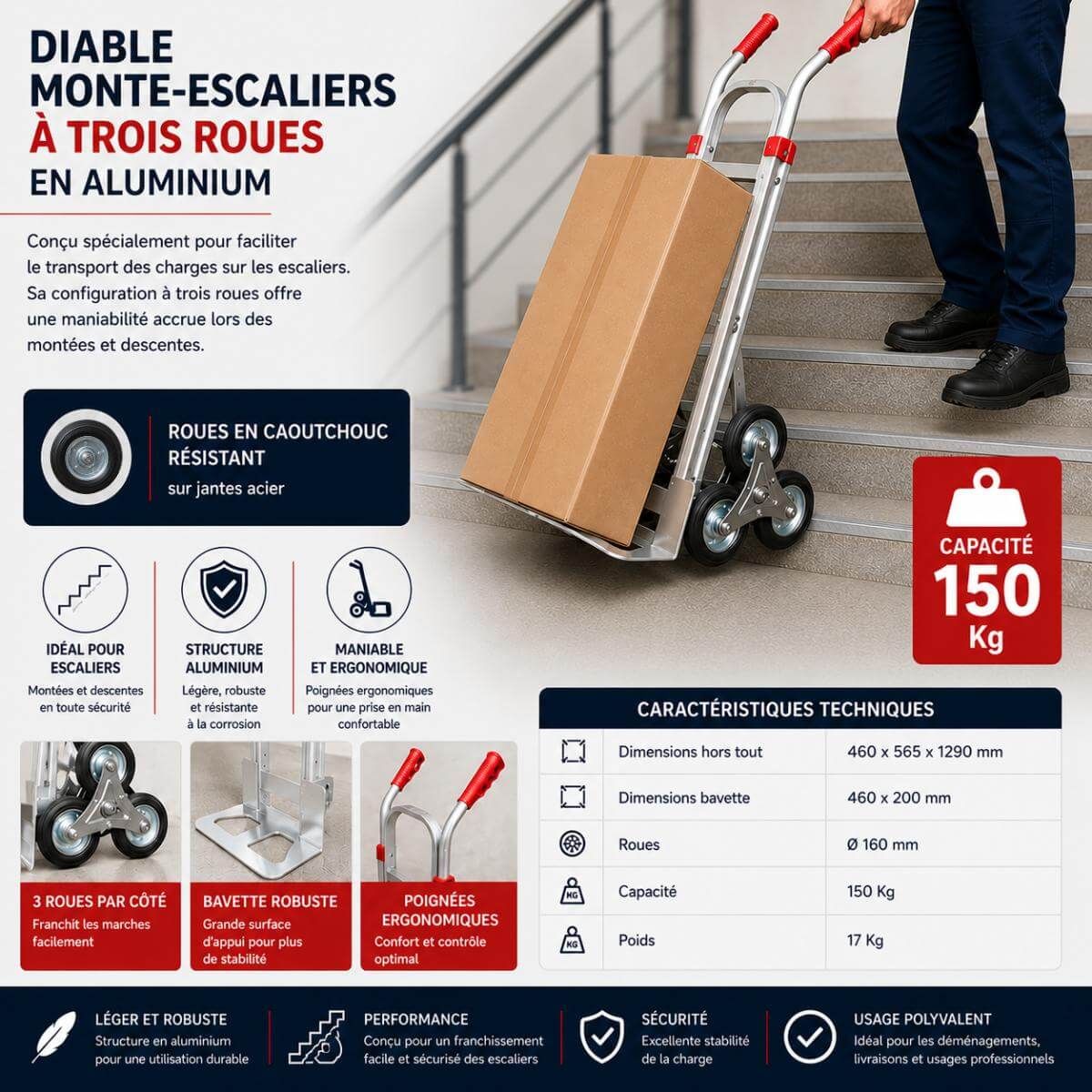 Diable monte-escaliers 3 roues en aluminium ST150 capacite 150 kg
