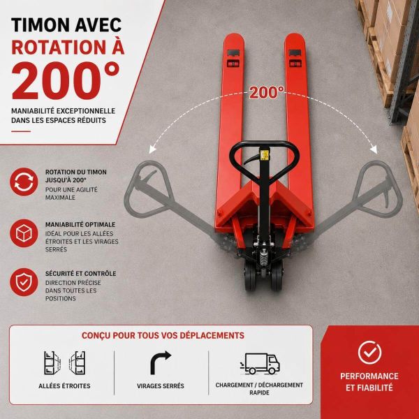 Pompe hydraulique et timon rotatif 200° transpalette manuel Stockman