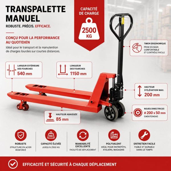 Caractéristiques techniques transpalette manuel 2500 kg fourches 1150 mm